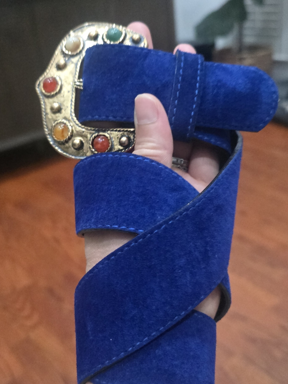 Vintage Italian Blue Suede Belt Gold Multi Stone Cabochon Buckle Boho Large 36